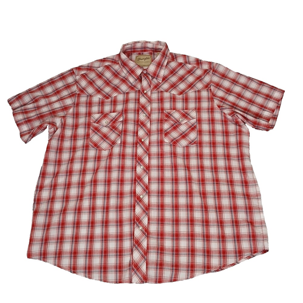 Wrangler Western Shirt Pearl Snap Front Red Plaid Short Sleeve Size 2XL Mens